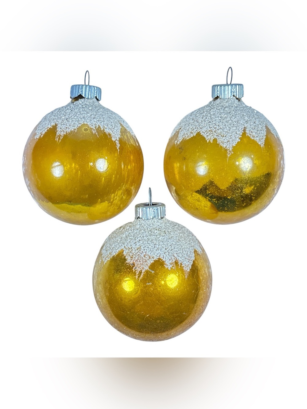 3 Vintage 2.25" Shiny Brite Gold Mercury Glass Mica Snow Cap Christmas Ornament